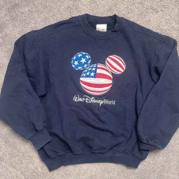 Vintage Walt Disney World Women's XL Crew Neck Sweatshirt American Flag Mickey - Picture 1 of 5
